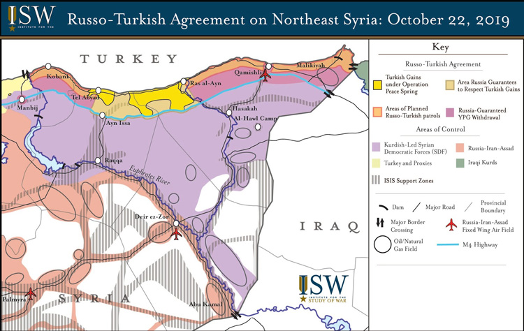 Karte des russisch-türkischen Abkommens zu Nordostsyrien vom 22 Oktober 2019. (c) ISW